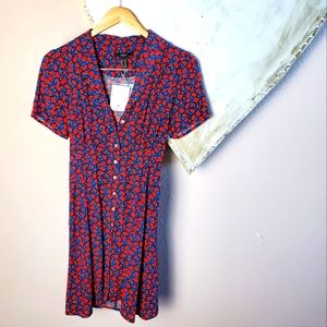 NWT Forever 21 Cricket Club Red & Blue Floral Button-down Skate Dress Sz Medium